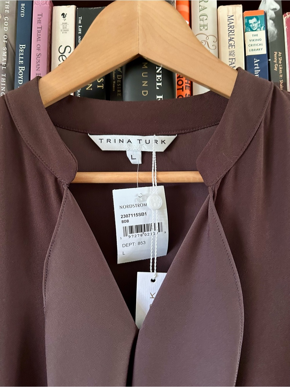 Trina Turk NWT Brown Tompkins Ruffle Crepe Boxy Square Top Blouse, size L - Picture 4 of 8